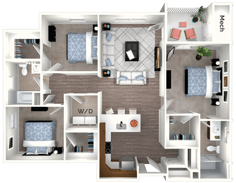 Floor plan for 3 beds, 2 baths, 1237 sqft